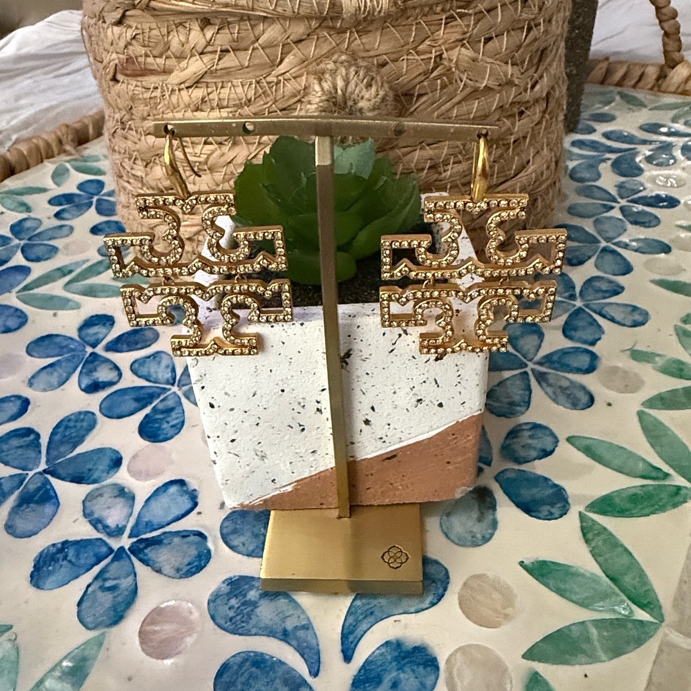 Tory Burch Britten Gold Pave Drop Statement Earrings